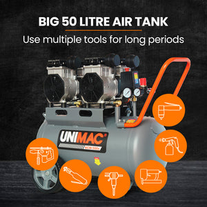 UNIMAC Silent Oil-Free Air Compressor | 50L | 3.0HP Portable | Twin Nitto Outlets