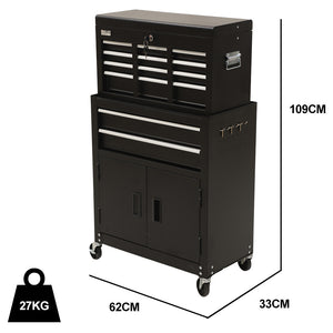 Bullet Pro 8 Drawer Tool Box Chest Cabinet | Storage with 2-Door Toolbox | Garage Organiser Set | Black