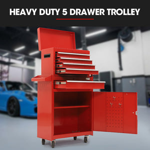 Bullet Pro 5 Drawer Tool Box Cabinet Chest | Storage with 1-Door Toolbox | Garage Organiser Set | Red