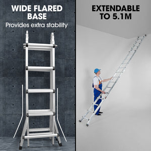 Bullet 5.1m Folding Aluminium Multipurpose Ladder | Workshelf Platform | Spring-Assisted Rapid Safety Lock Adjusters