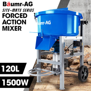 BAUMR-AG 120L Forced Action Pan Mixer | 1500W Electric Direct Drive Motor | Mortar Screed Resin Cement Mixer | 10 Inch Solid Rubber Wheels
