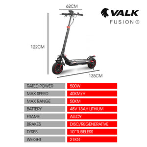 VALK Fusion 5 | Electric Scooter | 500W | 48V 13Ah Lithium | 50km Range | 40km/h | Quad Shocks | 10 Inch Tyres