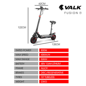 VALK Fusion 7 | Electric Scooter with Seat Option | 800W | 48V 13Ah Lithium | 50km Range | Quad Shocks | 10 Inch Tyres