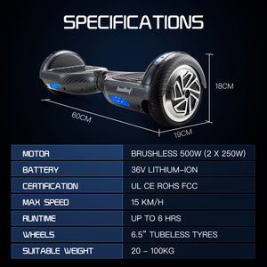 Hoverboard Electric Scooter - 6.5 Inch Wheels, Self-Balancing, Gen III Carbon Fiber Style by BULLET