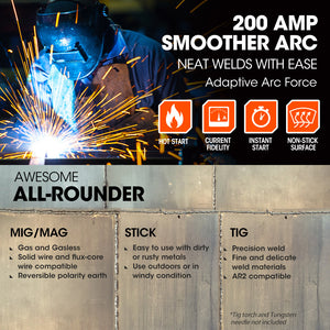 Rossi 200A Multi-Purpose Welder | MIG/MAG/MMA/ARC/TIG | Flux/Solid Wire | CO2 or Argon Gas Compatible