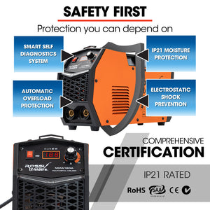 Rossi 160A Inverter Stick Welder | MMA ARC DC Multi-Metal Gasless Welding Machine | For Stainless Steel & Aluminium | 15A Plug
