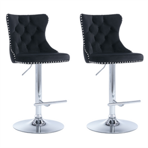 4x Height Adjustable Swivel Bar Stool | Velvet Studs | Barstool with Footrest | Chromed Base | Black
