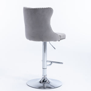 4x Height Adjustable Swivel Bar Stool | Velvet Studs | Barstool with Footrest | Chromed Base | Gray
