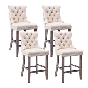 4x Velvet Bar Stools | Studs Trim | Wooden Legs | Tufted Dining Chairs | Kitchen