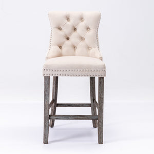 6x Velvet Bar Stools with Studs Trim | Wooden Legs | Tufted Dining Chairs | Kitchen