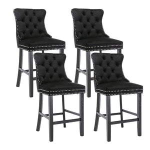 4x Velvet Bar Stools | Studs Trim | Wooden Legs | Tufted Dining Chairs | Kitchen