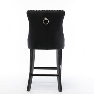 4x Velvet Bar Stools | Studs Trim | Wooden Legs | Tufted Dining Chairs | Kitchen
