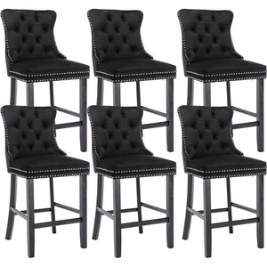 6x Velvet Bar Stools with Studs Trim | Wooden Legs | Tufted Dining Chairs | Kitchen
