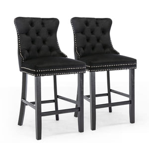 6x Velvet Bar Stools with Studs Trim | Wooden Legs | Tufted Dining Chairs | Kitchen