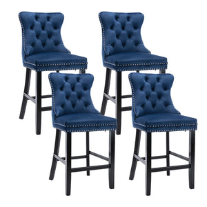 4x Velvet Bar Stools | Studs Trim | Wooden Legs | Tufted Dining Chairs | Kitchen