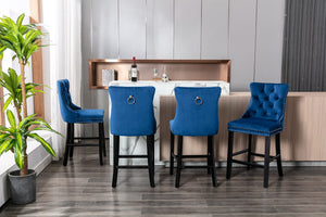 4x Velvet Bar Stools | Studs Trim | Wooden Legs | Tufted Dining Chairs | Kitchen