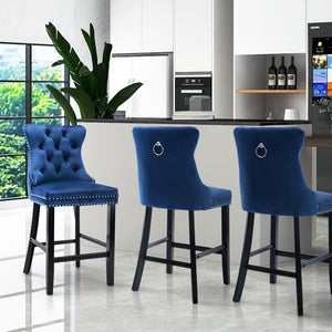 4x Velvet Bar Stools | Studs Trim | Wooden Legs | Tufted Dining Chairs | Kitchen