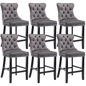 6x Velvet Bar Stools with Studs Trim | Wooden Legs | Tufted Dining Chairs | Kitchen