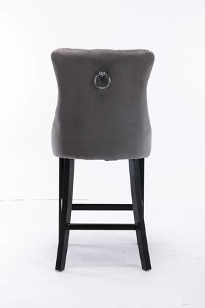 6x Velvet Bar Stools with Studs Trim | Wooden Legs | Tufted Dining Chairs | Kitchen