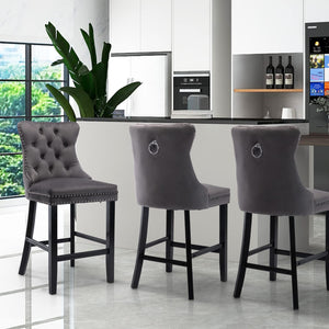 6x Velvet Bar Stools with Studs Trim | Wooden Legs | Tufted Dining Chairs | Kitchen
