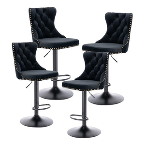 4x Height Adjustable Swivel Bar Stool | Velvet Nailhead Barstool | with Footrest