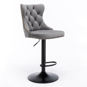 4x Height Adjustable Swivel Bar Stool | Velvet Nailhead Barstool | with Footrest