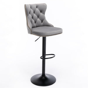 4x Height Adjustable Swivel Bar Stool | Velvet Nailhead Barstool | with Footrest