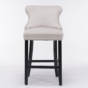 4x Velvet Upholstered Button Tufted Bar Stools | with Wood Legs and Studs | Beige
