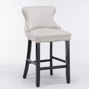 2x Velvet Upholstered Button Tufted Bar Stools | with Wood Legs and Studs | Beige
