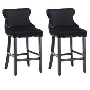 4x Velvet Upholstered Button Tufted Bar Stools | with Wood Legs and Studs | Black