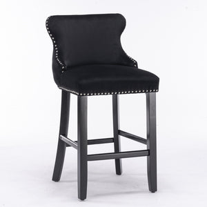 4x Velvet Upholstered Button Tufted Bar Stools | with Wood Legs and Studs | Black