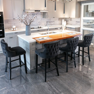 2x Velvet Upholstered Button Tufted Bar Stools | with Wood Legs and Studs | Black