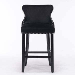 2x Velvet Upholstered Button Tufted Bar Stools | with Wood Legs and Studs | Black