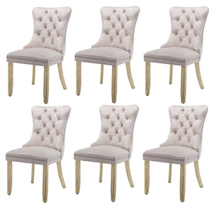 6x Velvet Dining Chairs | Upholstered Tufted Kitchen Chair | Solid Wood Legs | Stud Trim & Ring | Beige