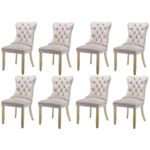 8x Velvet Dining Chairs | Upholstered Tufted Kitchen Chair | Solid Wood Legs | Stud Trim & Ring | Beige