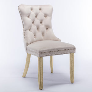 8x Velvet Dining Chairs | Upholstered Tufted Kitchen Chair | Solid Wood Legs | Stud Trim & Ring | Beige