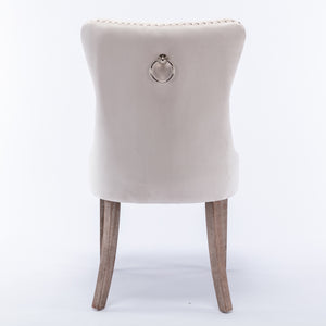 8x Velvet Dining Chairs | Upholstered Tufted Kitchen Chair | Solid Wood Legs | Stud Trim & Ring | Beige
