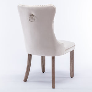 8x Velvet Dining Chairs | Upholstered Tufted Kitchen Chair | Solid Wood Legs | Stud Trim & Ring | Beige