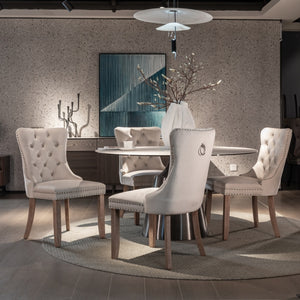 8x Velvet Dining Chairs | Upholstered Tufted Kitchen Chair | Solid Wood Legs | Stud Trim & Ring | Beige