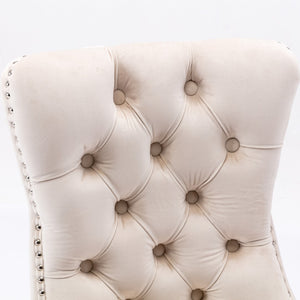 8x Velvet Dining Chairs | Upholstered Tufted Kitchen Chair | Solid Wood Legs | Stud Trim & Ring | Beige