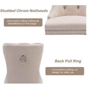 8x Velvet Dining Chairs | Upholstered Tufted Kitchen Chair | Solid Wood Legs | Stud Trim & Ring | Beige