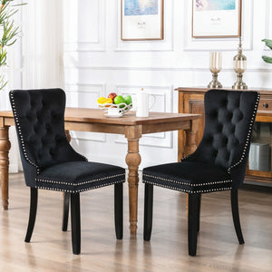 4x Velvet Dining Chairs | Upholstered Tufted Kitchen Chair | Solid Wood Legs | Stud Trim & Ring | Black
