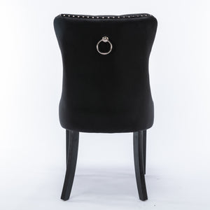 6x Velvet Dining Chairs | Upholstered Tufted Kitchen Chair | Solid Wood Legs | Stud Trim & Ring | Black