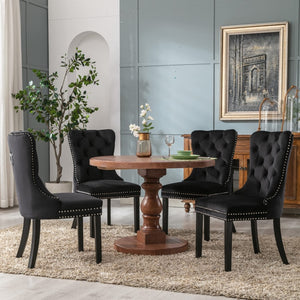 8x Velvet Dining Chairs | Upholstered Tufted Kitchen Chair | Solid Wood Legs | Stud Trim & Ring | Black