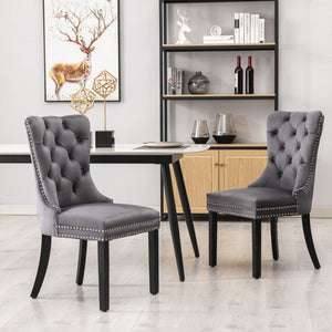 4x Velvet Dining Chairs | Upholstered Tufted Kitchen Chair | Solid Wood Legs | Stud Trim & Ring | Gray