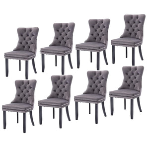 8x Velvet Dining Chairs | Upholstered Tufted Kitchen Chair | Solid Wood Legs | Stud Trim & Ring | Gray