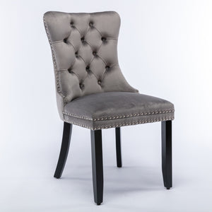 8x Velvet Dining Chairs | Upholstered Tufted Kitchen Chair | Solid Wood Legs | Stud Trim & Ring | Gray