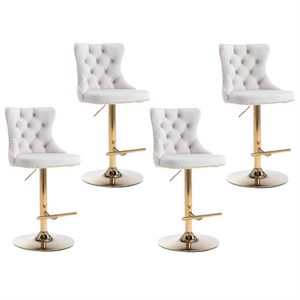 4x Height Adjustable Swivel Bar Stool | Velvet Studs | Barstool with Footrest | Golden Base | Beige
