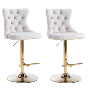 4x Height Adjustable Swivel Bar Stool | Velvet Studs | Barstool with Footrest | Golden Base | Beige