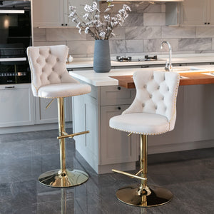 4x Height Adjustable Swivel Bar Stool | Velvet Studs | Barstool with Footrest | Golden Base | Beige